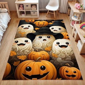 Happy Ghost & Pumpkin Halloween Rug–Cute Spooky Fall Decor–Washable Non-Slip Kids Playroom Mat–Trick or Treat Carpet for Nursery and Bedroom