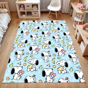 Snoopy Kids Rug – Cute Cartoon Puppy Carpet for Nursery or Playroom – Soft Floor Mat with Donuts, Fruits & Pastel Design –Gift Idea-Gift Rug