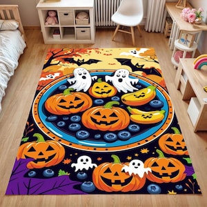 Halloween Ghost & Pumpkin Rug – Colorful Cartoon Carpet for Kids Room,Playroom and Nursery–Washable Non-Slip Spooky Cute Fall Decor-Gift Rug