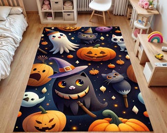 Halloween Kids Room Rug: Witch Cat, Pumpkins & Ghosts