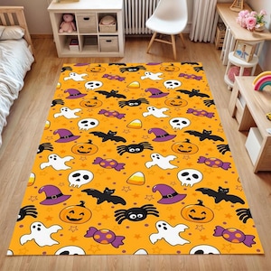 Halloween Ghost Pumpkin Rug | Washable Non Slip Kids Room Carpet | Cute Spooky Orange Nursery Play Mat|Trick Or Treat Gift Rug for Halloween
