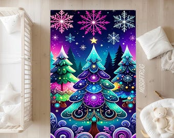 May include: A colourful Christmas tree rug with three stylised trees in green, blue, and purple. The rug has a dark blue and purple background with snowflakes and stars. The text "MESGFTURG" is visible on the right side of the rug.