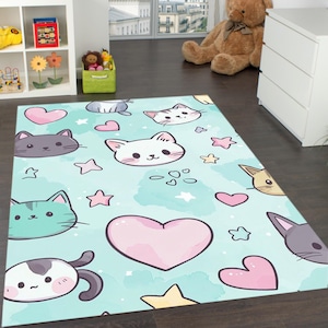 Kawaii Cat Rug for Kids Room – Cute Cartoon Kitty Carpet for Nursery, Playroom or Toddler Bedroom – Soft Floor Mat–Pastel Decor-Gift for Her