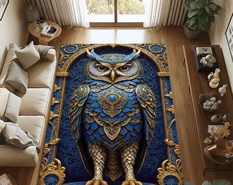 Ornate Owl Area Rug, Washable Statement Carpet for Living Room & Office