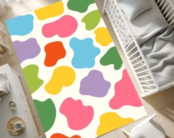 Colorful Abstract Rug for Kids Room | Playroom Rainbow Blob Pattern Carpet