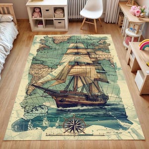 Vintage Nautical Map Rug - Sailboat Ocean Theme Carpet for Kids Room, Washable Pirate Decor Rug, Explorer Nursery Mat,Gift for Him,Gift Rug