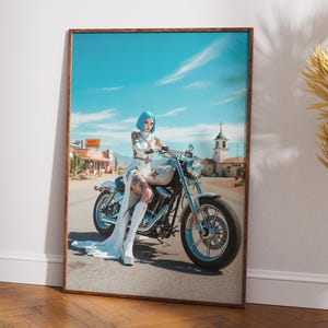 Cyberpunk Nun Woman on Motorcycle in Desert – Futuristic Pin-Up Poster, Digital Art Print for Wall Decor, High-Resolution Download
