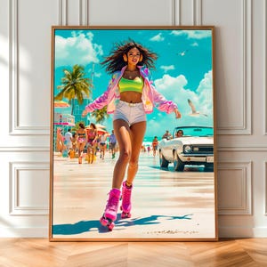 80er Jahre Retro Rollschuh Mädchen am Strand Boardwalk, 80er Jahre Retro Bild, farbenfroher Sommer, 80er Jahre ästhetisches Wandbild, Sofort Download