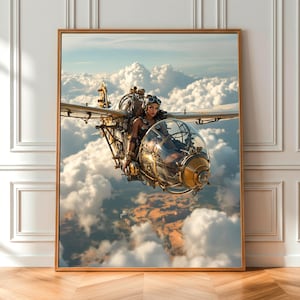 Steampunk-vrouwpiloot in futuristisch vliegtuig – digitale kunst met hoge resolutie voor afdrukbare poster, wanddecoratie en kunstafdrukken