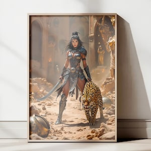 Warrior Woman with Leopard Digital Art Print – Fantasy Female Fighter Wall Poster, High-Res Epic Art, Ancient Ruins Printable Decor