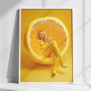 Lemon Woman Surreal Digital Art Print, Contemporary Citrus Portrait Wall Art, Modern Yellow Kitchen Decor, Printable Poster Download