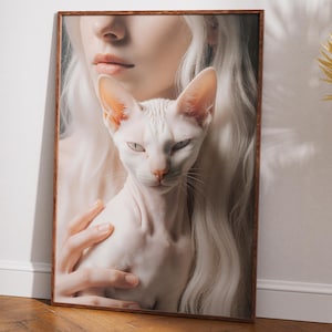 Elegant High-Resolution Sphynx Cat and Woman Digital Portrait – Minimalist Art Print, Modern Wall Poster for Cat and Art Lovers