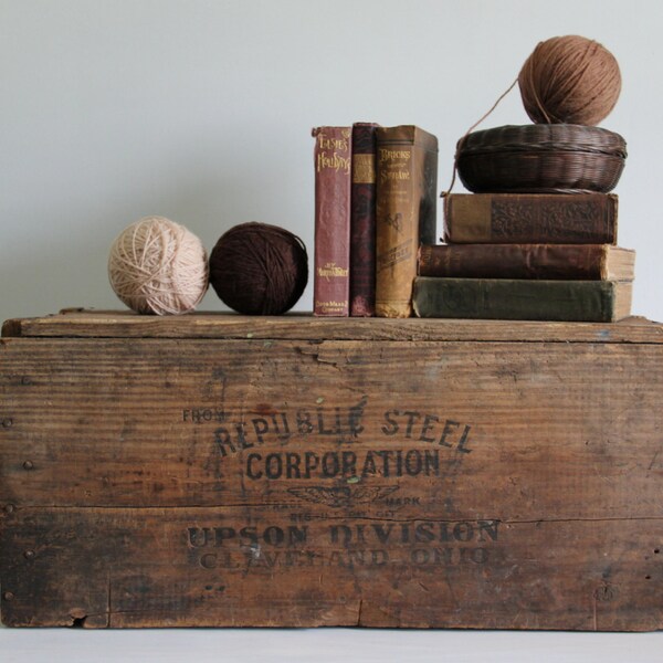 antique advertising wood box / industrial, farmhouse