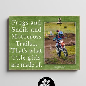 Personalized Motocross Picture Frame Gift for Girl, First Birthday, Dirt Bike Nursery Decor, Frogs and Snails and Motocross Trails, 9x12 image 1