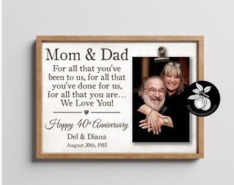 40th Anniversary Gifts for Couple Picture Frame, Fortieth Anniversary Gifts For Parents, Grandparents Wedding Anniversary Party, Clip Frame