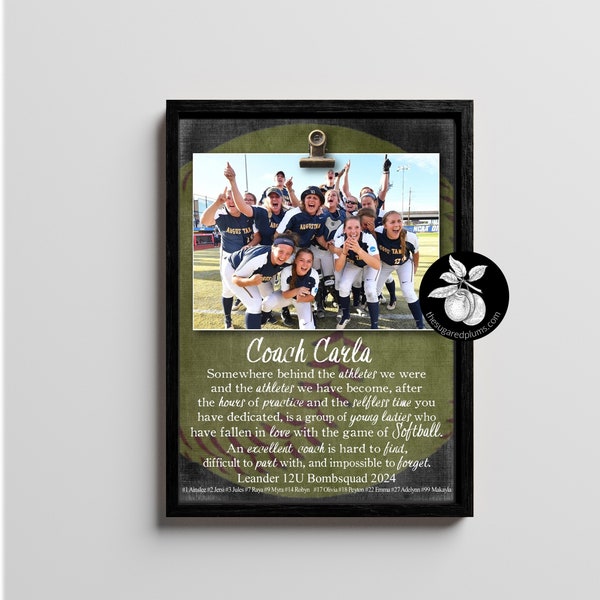 Personalized Softball Coach Gift Ideas Picture Frame, Thank You Gifts for Coaches, End of Season Gift, Coach Retirement Gift, 9x12