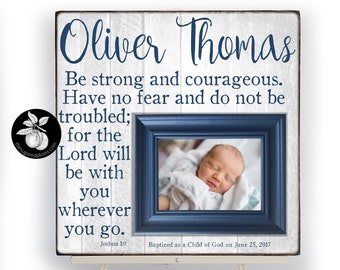 Baptism Gift Boy Picture Frame, Christening Gift From Godparents, Baby Dedication Gift, Be Strong and Courageous, Catholic Wall Art 16x16