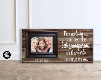 Unique Christmas Gift Idea for Grandparents, Personalized Wood Picture frame for Grandma and Grandpa, I'm as Lucky as Can Be, 8x20