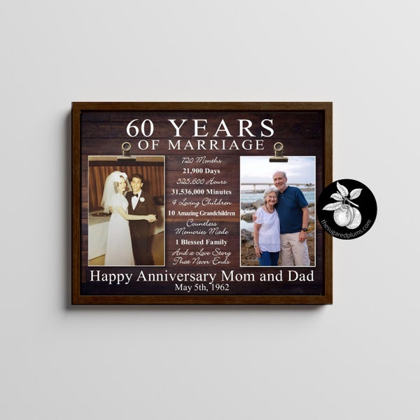 60th Anniversary Gift for Parents, Then and Now Picture Frame, Gift for Parents Diamond Anniversary, Double Picture Frame 11x14