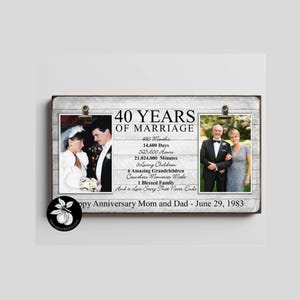 May include: A rectangular wooden sign with a white-washed finish featuring two photo clips holding pictures of a couple. The text reads 40 YEARS OF MARRIAGE, followed by time statistics, family details, and the phrase Happy Anniversary Mom and Dad - June 29, 1983.
