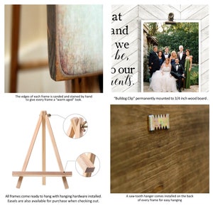May include: A wooden picture frame with a distressed white finish and a sawtooth hanger on the back. The frame is displayed on a wooden easel. The frame has a bulldog clip attached to the top and a photo of a wedding party is displayed in the frame. The text "at and we be, our vents." is printed on the wood behind the frame.