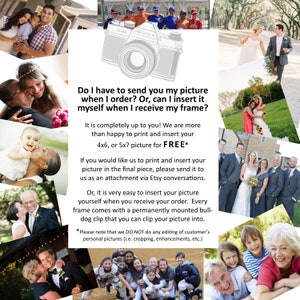 May include: A collage of images showing different couples and families. The text reads: "Do I have to send you my picture when I order? Or, can I insert it myself when I receive my frame? It is completely up to you! We are more than happy to print and insert your 4x6, or 5x7 picture for FREE* If you would like us to print and insert your picture in the final piece, please send it to us as an attachment via Etsy conversations. Or, it is very easy to insert your picture yourself when you receive your order. Every frame comes with a permanently mounted bulldog clip that you can clip your picture into. *Please note that we DO NOT do any editing of customer's personal pictures (i.e. cropping, enhancements, etc.)"
