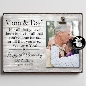 60th Anniversary Gifts for Parents Picture Frame, Diamond Anniversary Gifts, Grandparents Wedding Anniversary Party, Clip Frame