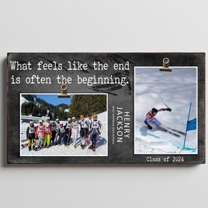 May include: A black and white photo collage with a quote: "What feels like the end is often the beginning." The collage features two photos, one of a ski team and one of a skier in action. The text "Henry Jackson" and "Walt Whitman High School" are also included. The bottom of the collage reads "Class of 2024".
