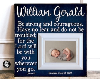 Baptism Gift Boy Picture Frame, Gift for Godson from Godparents, Bible Verse Prints, Be Strong and Courageous, Baby Name Sign 16x16
