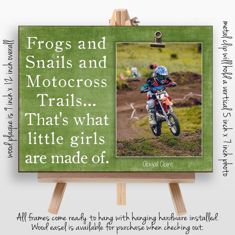 Personalized Motocross Picture Frame Gift for Girl, First Birthday, Dirt Bike Nursery Decor, Frogs and Snails and Motocross Trails, 9x12 image 2