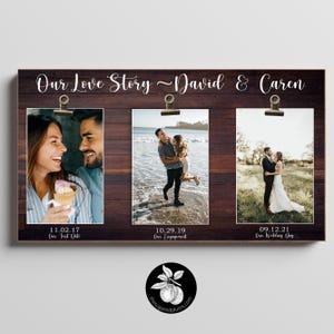 Regalo de boda personalizado para pareja, marco de fotos de compromiso personalizado, idea de regalo para el primer aniversario, nuestra historia de amor, nos conocimos, nos comprometimos y nos casamos.