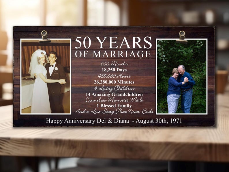 May include: A wooden sign with two photos of a couple celebrating their 50th wedding anniversary. The sign reads "50 Years of Marriage" and lists the number of months, days, hours, and minutes they have been married. It also mentions the number of children and grandchildren they have. The sign is personalized with the couple's names and the date of their anniversary.