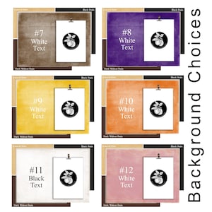 Puede incluir: Un collage de 12 opciones de fondo diferentes para un dise&ntilde;o imprimible. Los fondos son de varios colores y texturas, incluyendo manchas naturales, nogal oscuro y negro. Cada fondo tiene una superposici&oacute;n de texto blanco o negro con un n&uacute;mero y las palabras "Texto blanco" o "Texto negro".