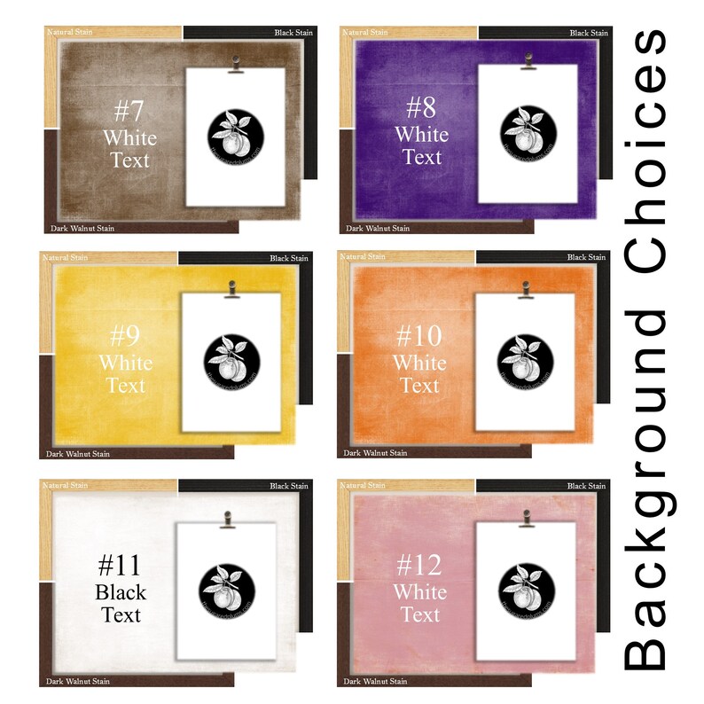 Puede incluir: Un collage de 12 opciones de fondo diferentes para un dise&ntilde;o imprimible. Los fondos son de varios colores y texturas, incluyendo manchas naturales, nogal oscuro y negro. Cada fondo tiene una superposici&oacute;n de texto blanco o negro con un n&uacute;mero y las palabras "Texto blanco" o "Texto negro".