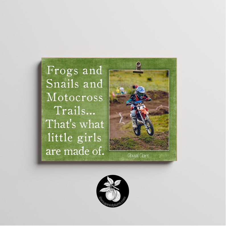 Personalized Motocross Picture Frame Gift for Girl, First Birthday, Dirt Bike Nursery Decor, Frogs and Snails and Motocross Trails, 9x12 image 1