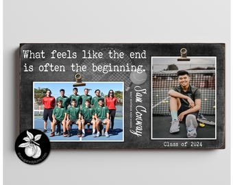 May include: A rectangular wooden photo display board with a dark finish, featuring the text What feels like the end is often the beginning. It includes two photos, one of a tennis team and one of a tennis player, with the name Sam Conway and Class of 2024.
