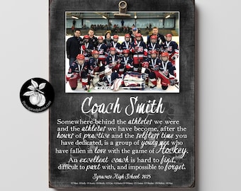 May include: A black and white photo of a hockey team with their coach, Coach Smith, on a chalkboard background. The text reads: "Somewhere behind the athletes we were and the athletes we have become, after the hours of practice and the selfless time you have dedicated, is a group of young men who have fallen in love with the game of Hockey. An excellent coach is hard to find, difficult to part with, and impossible to forget. Syracuse High School 2025."