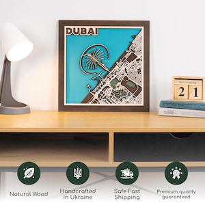 Carte en couches découpée au laser de la ville de Dubaï, art de la carte de Dubaï en bois - décoration murale plan de la ville, idée cadeau voyage, cadeaux de Dubaï - plan de la ville 3D