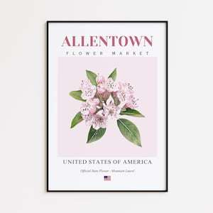 Allentown Flower Market Poster, Mountain Laurel Allentown Flower Print, Allentown Pennsylvania Botanical Wall Art Decor