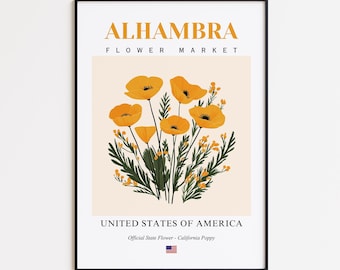 May include: A framed art print featuring a floral illustration. The print displays orange California poppies with green foliage against a cream background. Text at the top reads "ALHAMBRA FLOWER MARKET." The bottom text reads "UNITED STATES OF AMERICA" and "Official State Flower - California Poppy."