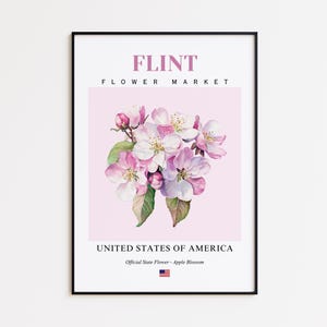 Flint Flower Market Poster, Apple Blossom Flint Flower Print, Flint Michigan Botanical Wall Art Decor
