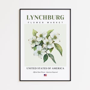 Lynchburg Flower Market Poster, American Dogwood Lynchburg Flower Print, Lynchburg Virginia Botanical Wall Art Decor