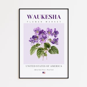 Waukesha Flower Market Poster, Wood Violet Waukesha Flower Print, Waukesha Wisconsin Botanical Wall Art Decor