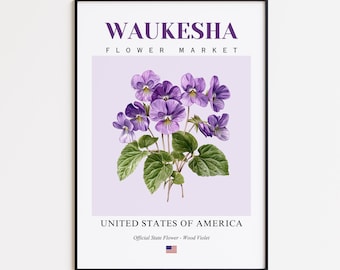 Waukesha Flower Market Poster, Wood Violet Waukesha Flower Print, Waukesha Wisconsin Botanical Wall Art Decor