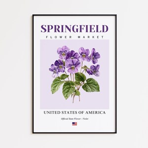 Springfield Flower Market Poster, Violet Springfield Flower Print, Springfield Illinois Botanical Wall Art Decor