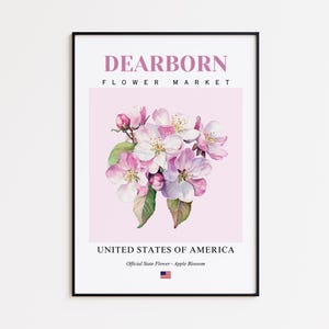 Dearborn Flower Market Poster, Apple Blossom Dearborn Flower Print, Dearborn Michigan Botanical Wall Art Decor