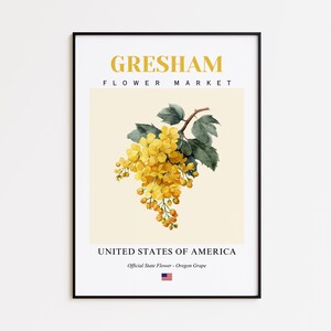May include: Framed art print featuring a watercolor illustration of yellow Oregon Grape flowers. The print includes the text "Gresham Flower Market" and "United States of America". The American flag is at the bottom.