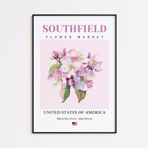 Southfield Flower Market Poster, Apple Blossom Southfield Flower Print, Southfield Michigan Botanical Wall Art Decor
