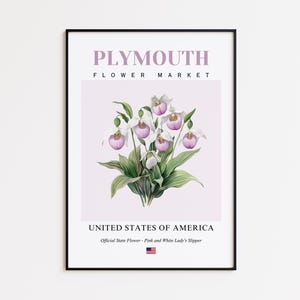 Plymouth Flower Market Poster, Pink and White Lady&#39;s Slipper Plymouth Flower Print, Plymouth Minnesota Botanical Wall Art Decor