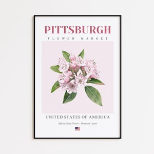 Pittsburgh Flower Market Poster, Mountain Laurel Pittsburgh Flower Print, Pittsburgh Pennsylvania Botanical Wall Art Decor